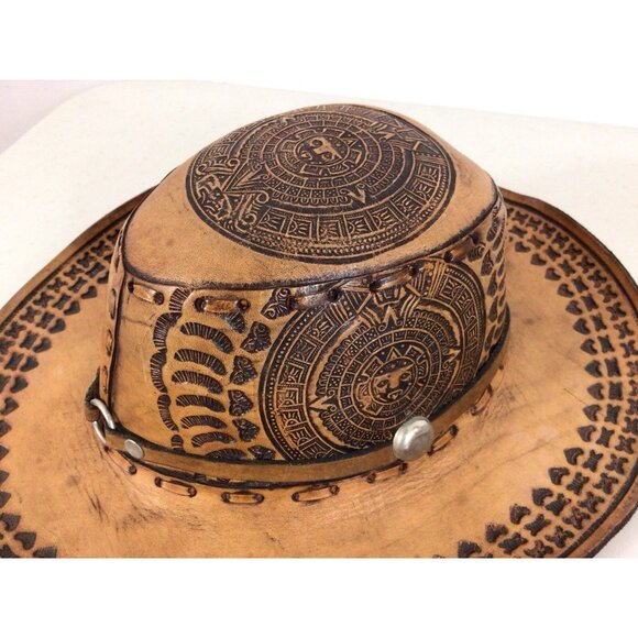 Hand Tooled Leather Cowboy Rancher Hat Western Aztec Style Womens Small - Picture 2 of 8